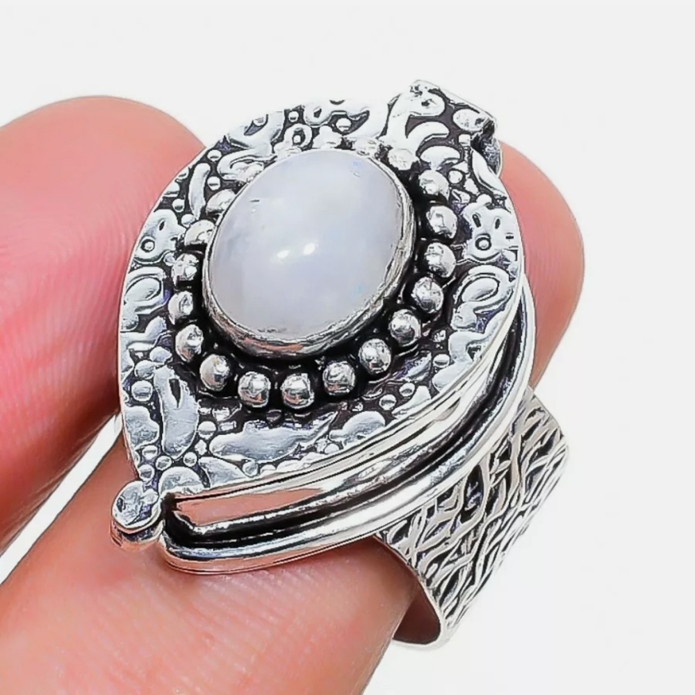 New Rainbow Moonstone Silver Poison Ring.